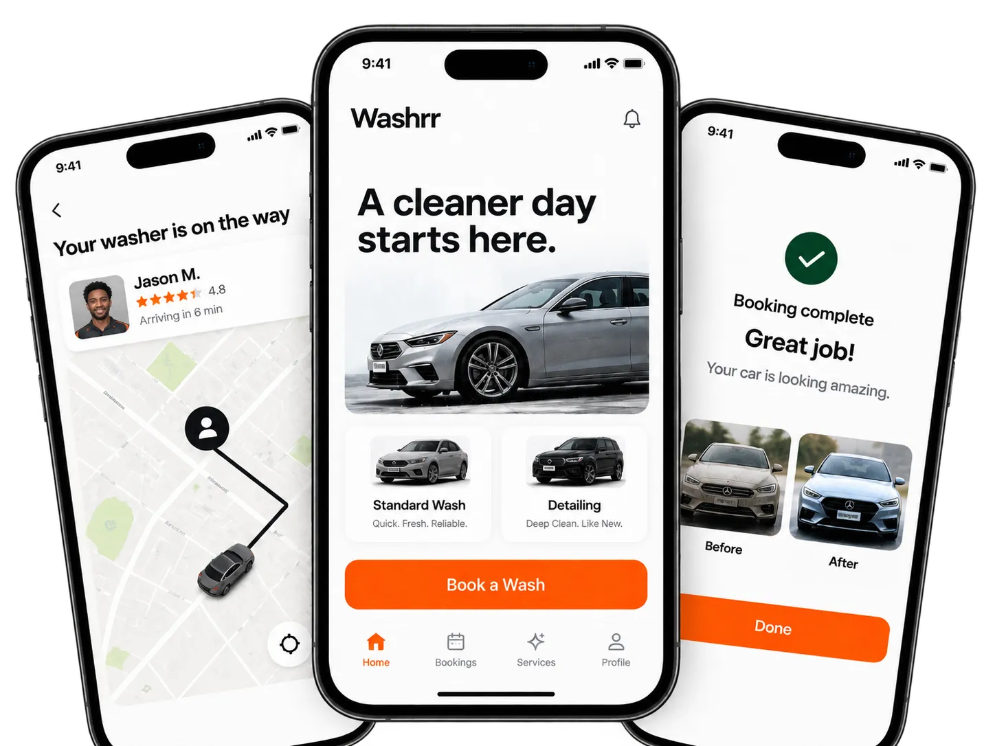 Three Washrr app screens: live washer arrival tracking, the home screen, and a completed booking with before and after photos