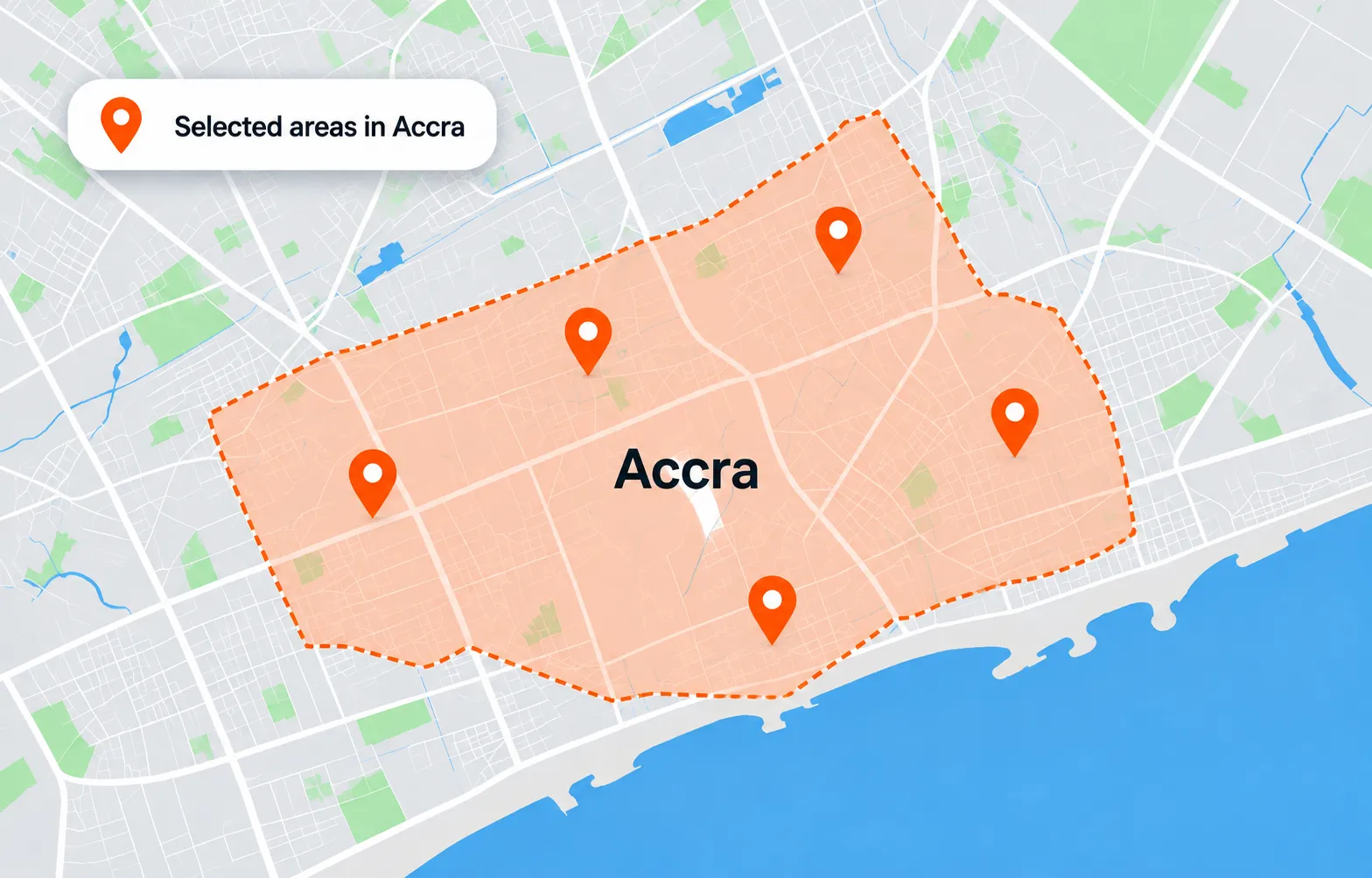 Illustrative map marking Washrr's selected service areas across Accra