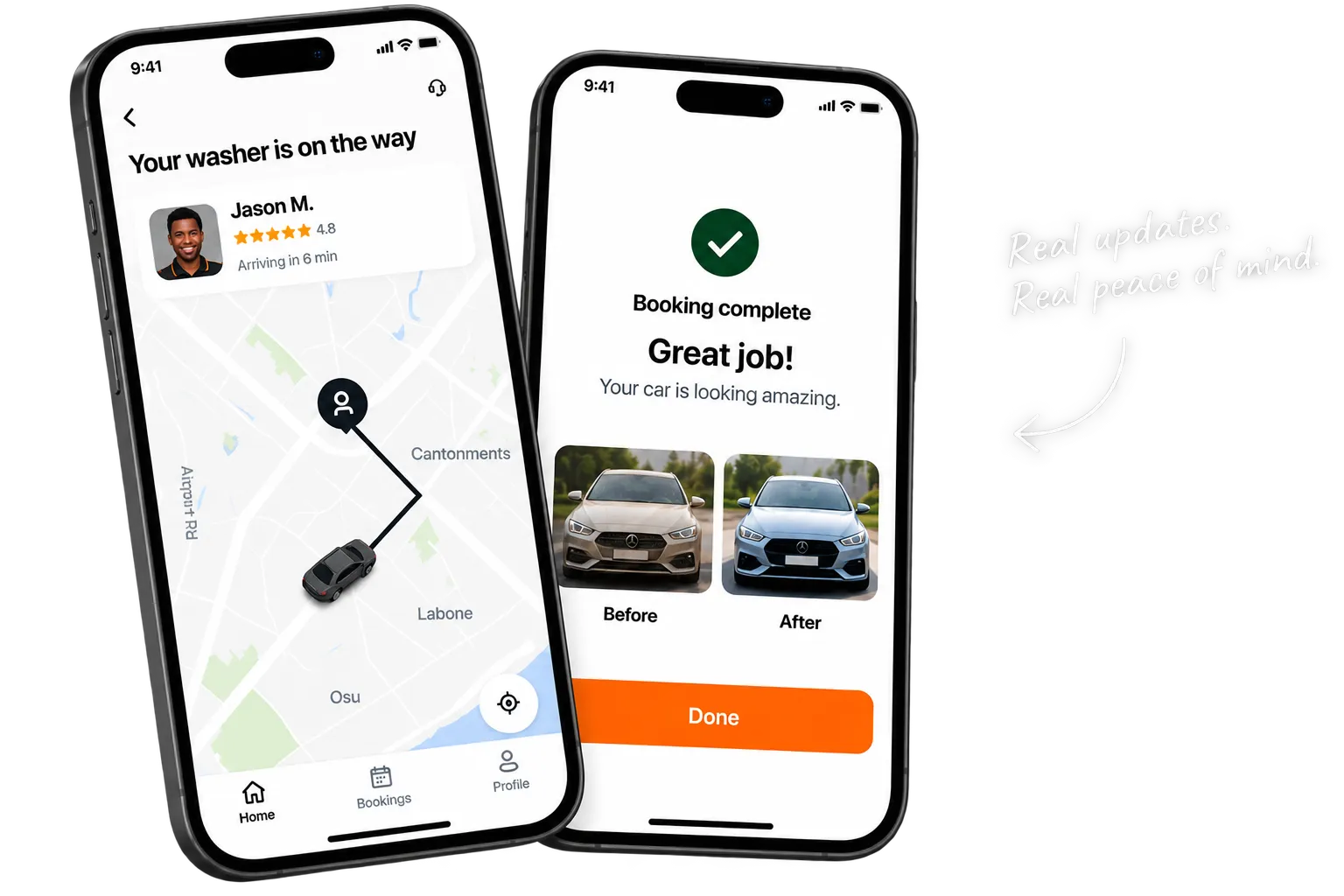 Real updates. Real peace of mind. Washrr app screens showing a washer's live arrival tracking and a completed booking with before and after photos.