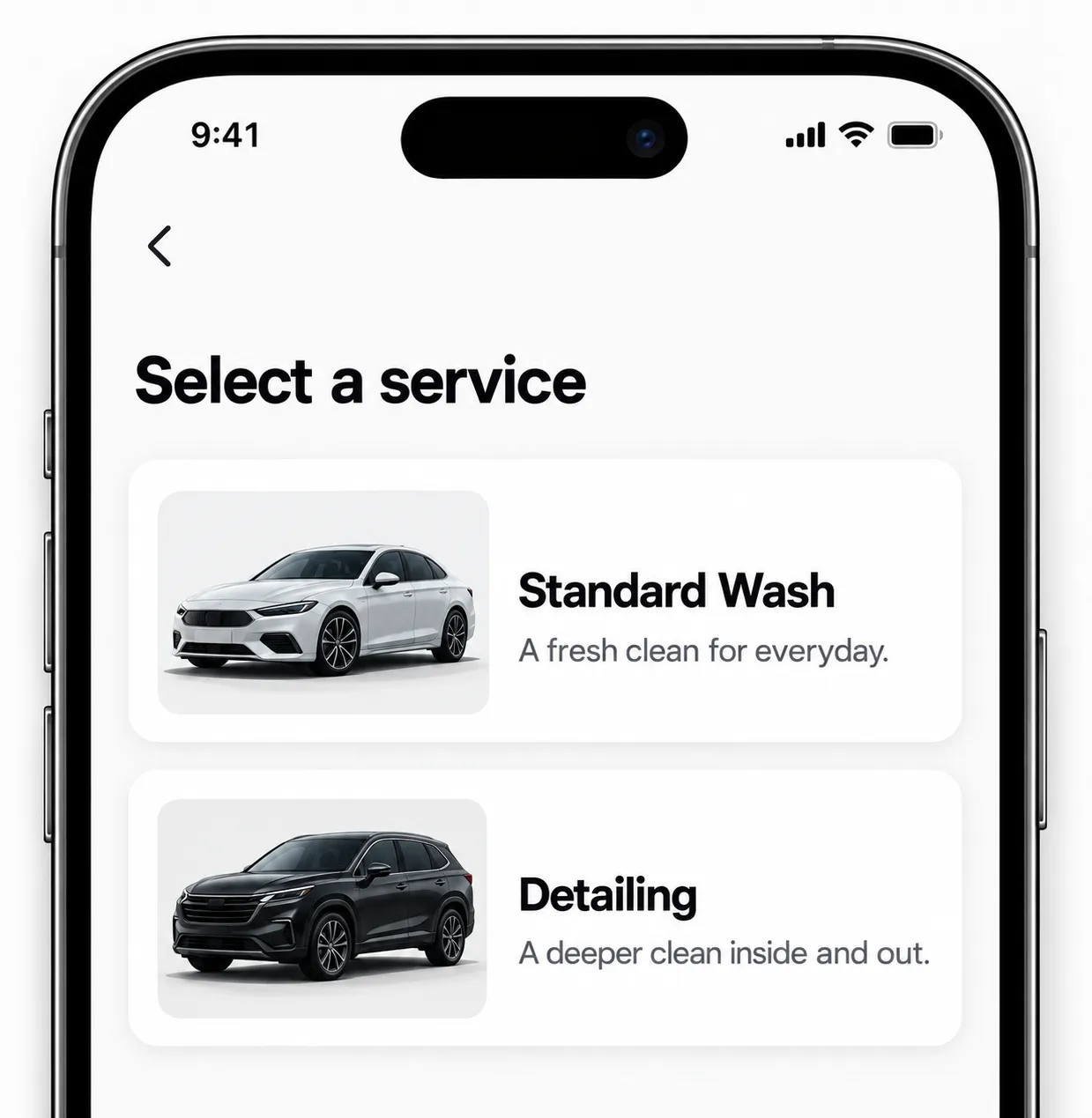 Washrr app screen for choosing Standard Wash or Detailing
