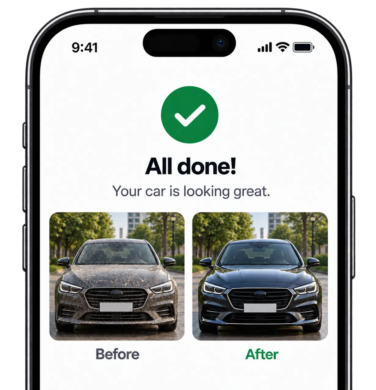Washrr app screen confirming the booking is complete, with before and after photos
